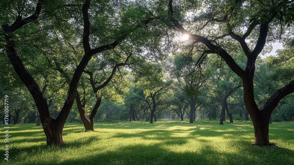 Obraz premium Sunlit trees casting shadows over a grassy park