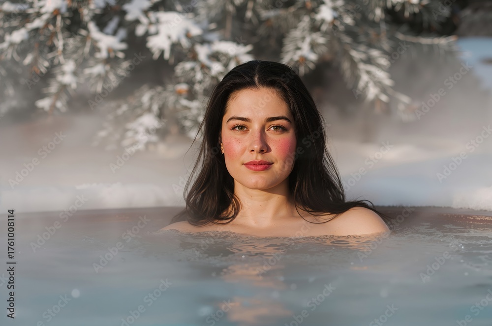 Obraz premium Serene winter hot spring with smiling woman surrounded by snow-dusted pine forest