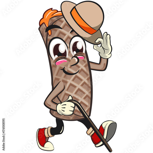 funny cute wafer stick biscuit mascot character walk with a stick and saluting with raised hat, cartoon vector illustration for dessert and bakery design, work of hand drawn