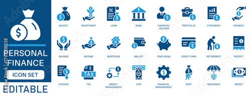 Personal finance icon set. featuring bank, loan, tax, budget, wallet, credit card, savings, investment, debt, income, financial management and more. perfect for Vector icon collection.