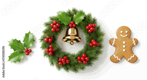 Festive Christmas wreath adorned with a golden bell, holly, berries, and a delightful gingerbread man cookie, perfect for spreading holiday cheer