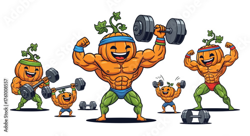 Pumpkin Power A Group of Muscular Pumpkins Weightlifting and Flexing