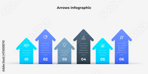 A clean six arrow infographic with gradient blues, subtle shadows, and icons that convey growth, progress, and strategy in a modern business context for presentations and reports.