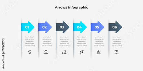 Six colored, numbered arrows form a clean infographic layout, each panel featuring a brief text area and icon. Ideal for outlining steps, processes, roadmaps, or timelines in presentations.