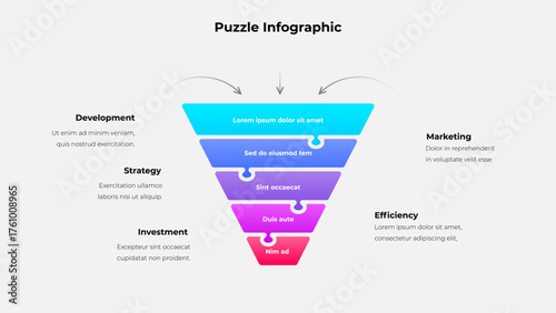 Funnel infographic representing a layered business process from development to efficiency. Each stage resembles a puzzle piece, highlighting strategy, investment, marketing, and teamwork.