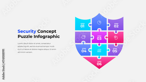 Shield puzzle illustrates a six step security process. Visual elements symbolize structure, protection, and progress, making complex concepts approachable for plans, presentations, and education.