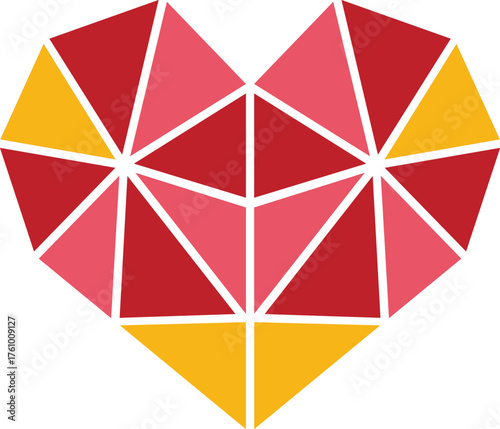 Vector art of geometric heart shape made of colorful triangles