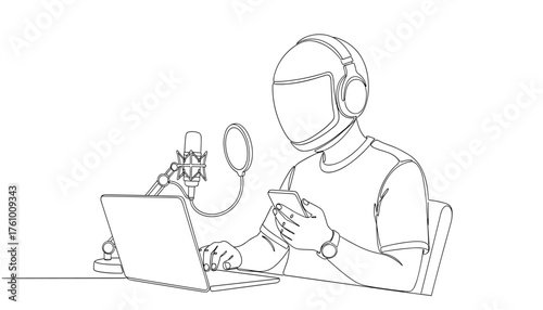 Single Continuous Line Vector Drawing of Podcaster with Laptop, Microphone, and Headphones: Digital Broadcasting Studio