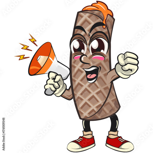 funny cute wafer stick biscuit mascot character shouting with a loudspeaker, cartoon vector illustration for dessert and bakery design, work of hand drawn