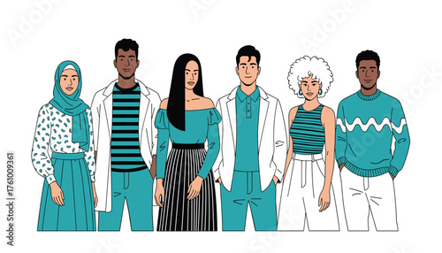Modern Flat Vector Illustration of Diverse Multi-Ethnic Group of Young Adults Standing Together: Community and Inclusion 