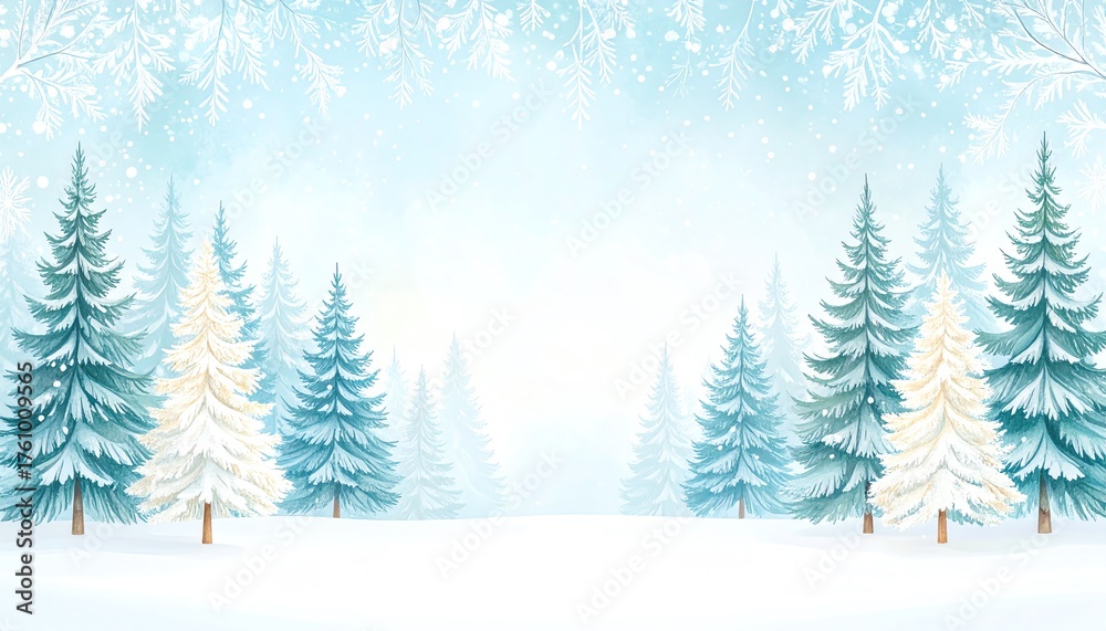 Obraz premium Serene snowy landscape surrounded by frosted trees beneath a subtle pale light with copy space