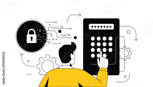 Modern Flat Vector Illustration of Man Entering Password on Digital Keypad for Secure Login: Access and Protection Concept