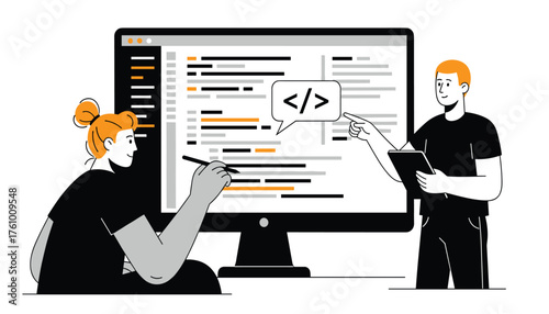 Flat Vector Illustration of Male and Female Developers Working Together on Code Review and Software Programming