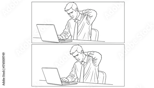 Workplace Strain and Pain: Businessman Rubbing Neck While Working on Laptop
