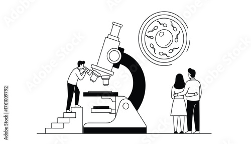 Outline Vector Illustration of IVF Process: Scientist Researching Fertilization with Microscope and Observing Couple