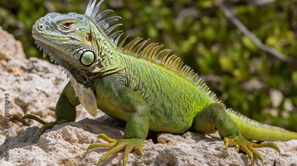Fototapeta premium Green Iguana on a Rock in Sunny Day