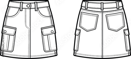 Utility skirt fashion flat, flap and patch pockets, waistband with belt loops, button and zipper closure, front and back view garment sketch