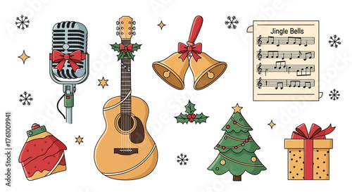 Celebrate the season with festive music illustrations featuring a classic guitar, microphone, sheet music, and Christmas decor for joyful holiday projects