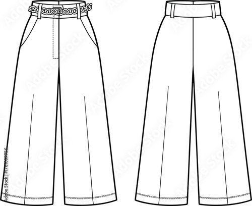 Wide leg pants fashion illustration, technical flat sketch, high waist trousers, cuffed hem, waistband variation, garment construction, apparel design, vector drawing