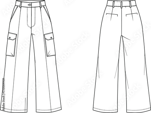 Wide-leg cargo pants technical flat sketch, front and back view, flap pockets, belt loops, welt pockets, topstitching seams, fashion design vector illustration