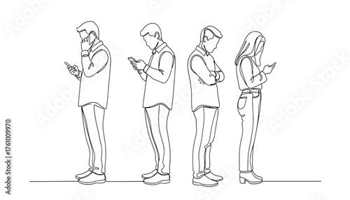 A line drawing of four people standing and looking at their mobile phones 