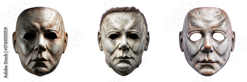 Three weathered horror masks isolated on a transparent background