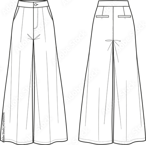 Wide-leg trousers technical flat sketch, front and back view, high waist, button closure, welt pockets, pleats, seam details, fashion design vector template