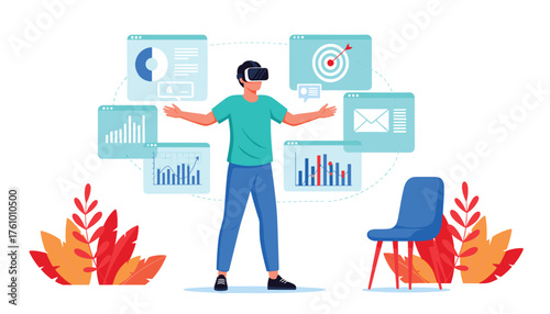 Virtual Data Analysis: Man in VR Headset Interacting with Business Charts and Dashboards 