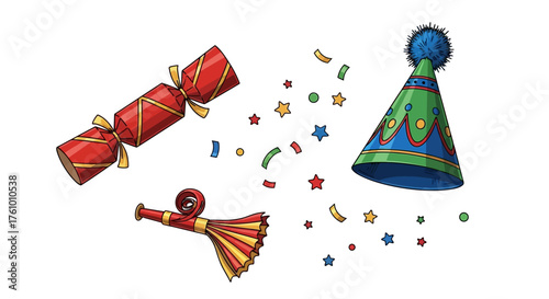 Celebrate with vibrant party favors and colorful confetti creating a joyful, festive atmosphere perfect for birthdays and special occasions