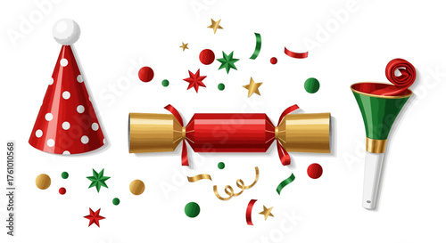 Stylish holiday fun with a party cracker, hat, and noisemaker for festive celebrations and joyful gatherings this season