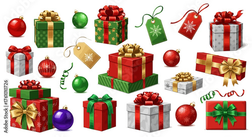 Colorful Christmas presents and ornaments isolated on white for festive holiday celebrations and gifting, perfect for seasonal promotions and marketing