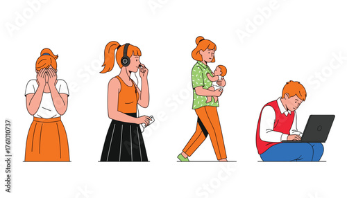 Modern Life Scenes: Four Portraits of People Showing Distress, Music, Motherhood, and Work 