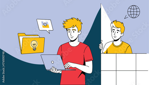 Idea Management: Man Organizing Digital Files, Brainstorming, and Exploring Global Concepts 