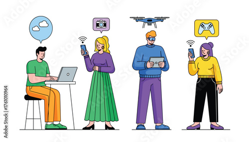 People using various modern technology devices and gadgets