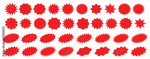 Starburst red sticker set - collection of special offer sale round and oval sunburst labels and buttons isolated on white background. Stickers and badges with star edges for promo advertising.
