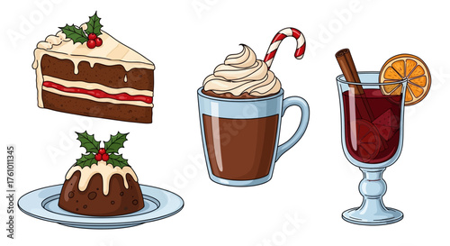 Indulge in festive cheer with holiday cake, hot chocolate, and mulled wine illustrations, ideal for creating invitations and seasonal promotions