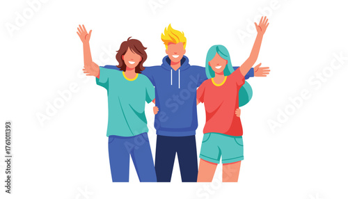 Vector art of three diverse friends, two women and one man, with arms around each other, waving and smiling