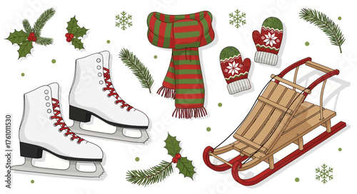 Delightful winter holiday scene with ice skates, cozy scarf, mittens, vintage sled, and festive holly bringing the joy of the season to life