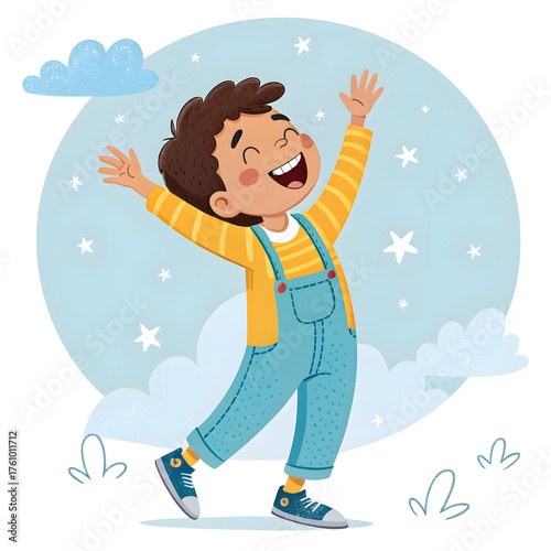 Happy child jumping with fun on a beach against a sky background, available as a cartoon vector illustration