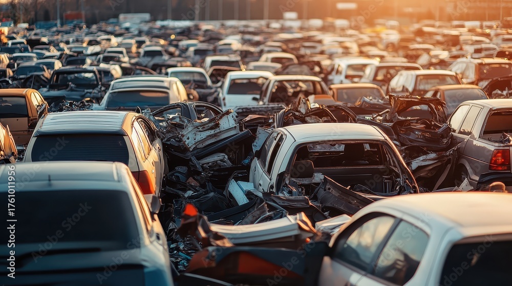 Fototapeta premium Pile of discarded cars at a junkyard under warm sunlight
