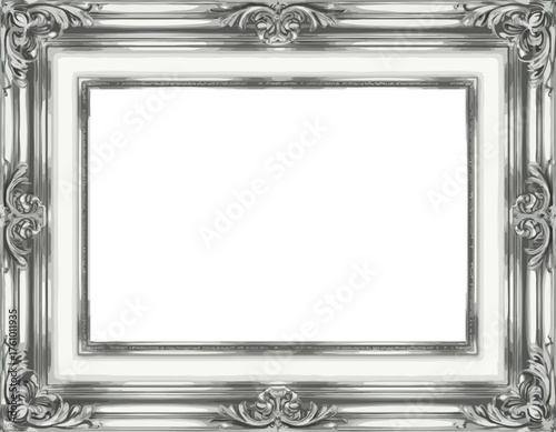 Vintage silver picture frame with ornate design and blank space  
