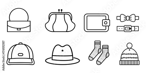  vector icon set, featuring,fashion accessories hats, wallets, socks, belts, purses, bow ties in minimal,outline design.