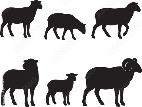 Diverse sheep silhouettes collection featuring different poses ram ewe and lamb for agricultural farm livestock nature concepts