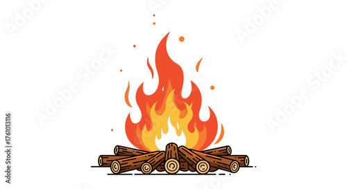 Vibrant Campfire Illustration with Burning Logs and Flickering Flames.