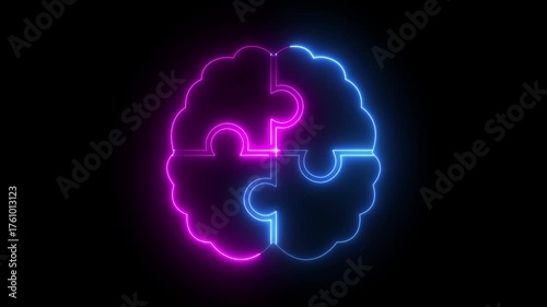 Glowing neon brain puzzle icon isolated on black background representing problem solving and cognitive function. human brain icon and puzzle icon with neon effect. brain icon with puzzle piece.
