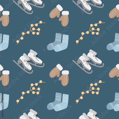 Seamless pattern with winter accessories. Hand-drawn cozy winter background with ice skates, mittens, knitted socks, and garland. Christmas flat vector illustration on a blue background.