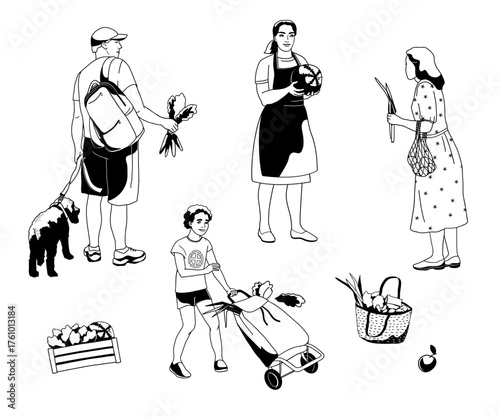 standing isolated peoples shopping at a farmer's market, man with dog, woman with basket, vendor holding watermelon, boy with grocery cart, outline black and white vector illustration