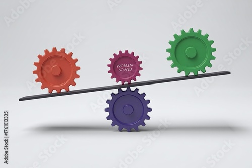 Teamwork and Problem Solving Concept – Colorful Gears with “Problem Solved” Text Balancing Mechanism