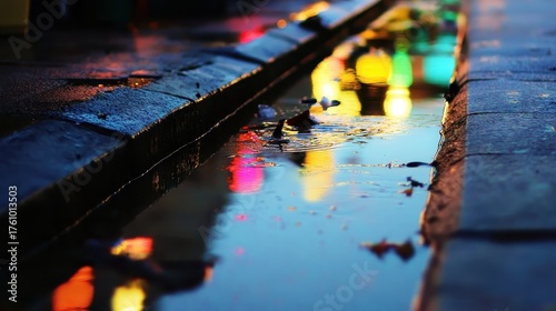 Reflective cityscape with overflowing drainage channels at night