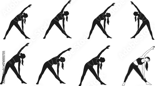 Side stretch exercise sequence, fitness movement illustration, flexibility training poses, torso mobility workout, standing stretch silhouette, wellness posture graphic